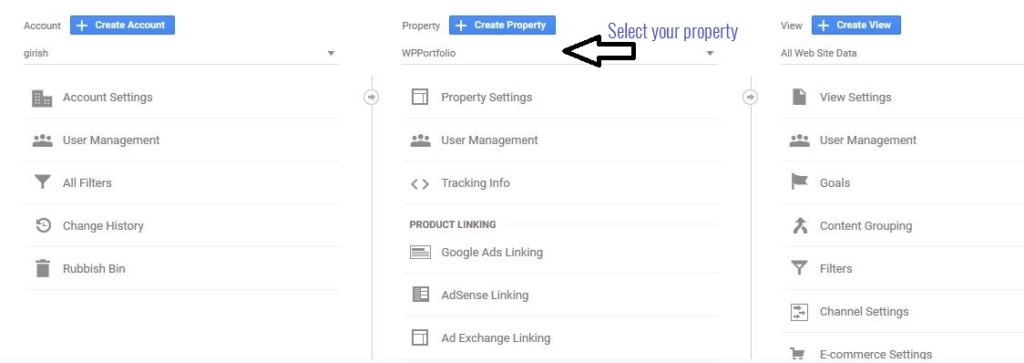Google Analytics - Select your Property