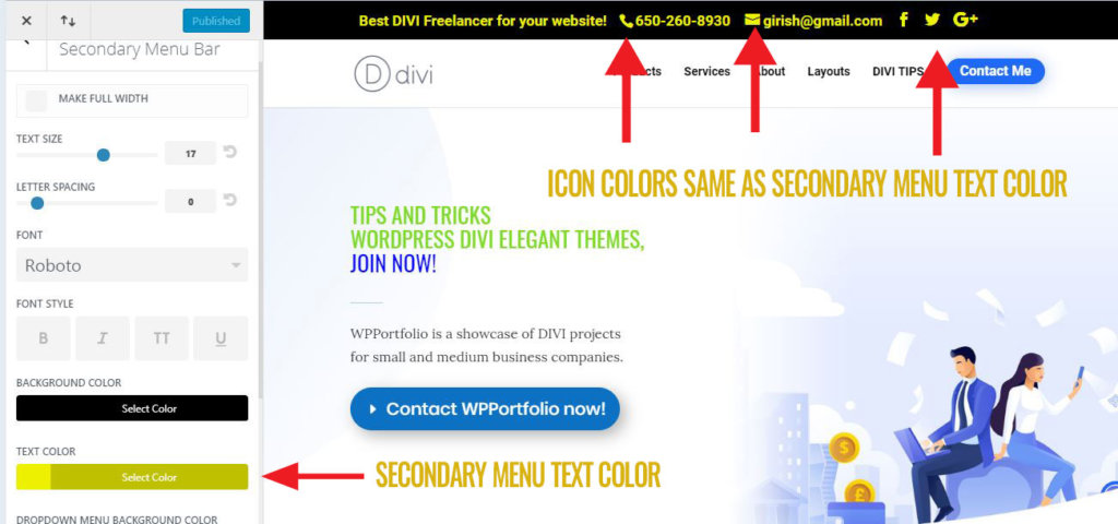Color of email and social icons DIVI