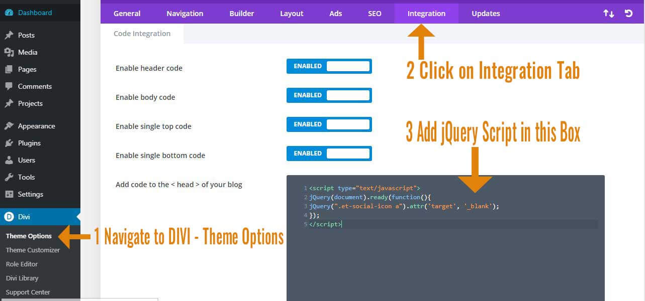 Add jQuery to Open Social Icons in New Tab - DIVI
