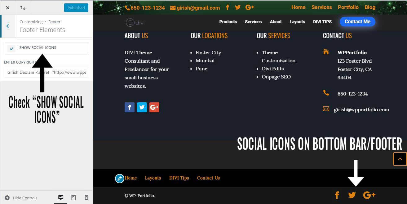 Display Social Icons on Bottom Bar - DIVI